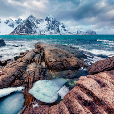 Gloomy spring view of Lofoten islands. snow melting on Flakstadpollen fjord. spectacular morning season of Norwegian sea. beauty of nature concept background. 1000 Jigsaw Puzzle 3D Modell