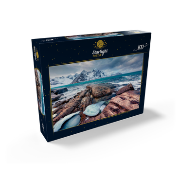 Gloomy spring view of Lofoten islands. snow melting on Flakstadpollen fjord. spectacular morning season of Norwegian sea. beauty of nature concept background. 100 Jigsaw Puzzle box view1