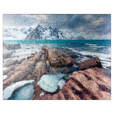 puzzleplate Gloomy spring view of Lofoten islands. snow melting on Flakstadpollen fjord. spectacular morning season of Norwegian sea. beauty of nature concept background. 100 Jigsaw Puzzle