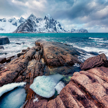 Gloomy spring view of Lofoten islands. snow melting on Flakstadpollen fjord. spectacular morning season of Norwegian sea. beauty of nature concept background. 100 Jigsaw Puzzle 3D Modell