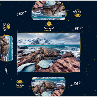 Gloomy spring view of Lofoten islands. snow melting on Flakstadpollen fjord. spectacular morning season of Norwegian sea. beauty of nature concept background. 100 Jigsaw Puzzle box 3D Modell
