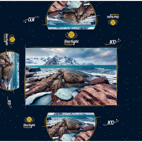 Gloomy spring view of Lofoten islands. snow melting on Flakstadpollen fjord. spectacular morning season of Norwegian sea. beauty of nature concept background. 100 Jigsaw Puzzle box 3D Modell