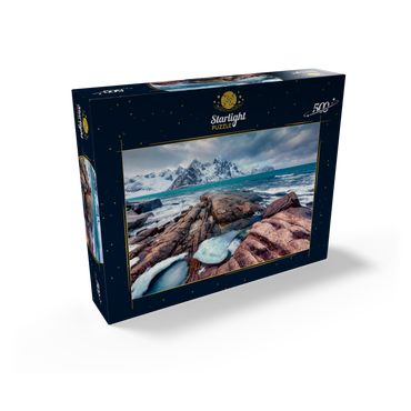 Gloomy spring view of Lofoten islands. snow melting on Flakstadpollen fjord. spectacular morning season of Norwegian sea. beauty of nature concept background. 500 Jigsaw Puzzle box view1