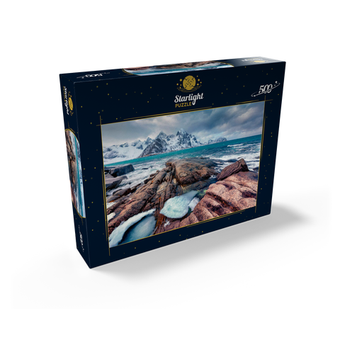 Gloomy spring view of Lofoten islands. snow melting on Flakstadpollen fjord. spectacular morning season of Norwegian sea. beauty of nature concept background. 500 Jigsaw Puzzle box view1