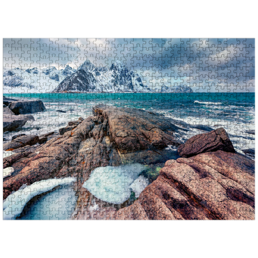 puzzleplate Gloomy spring view of Lofoten islands. snow melting on Flakstadpollen fjord. spectacular morning season of Norwegian sea. beauty of nature concept background. 500 Jigsaw Puzzle