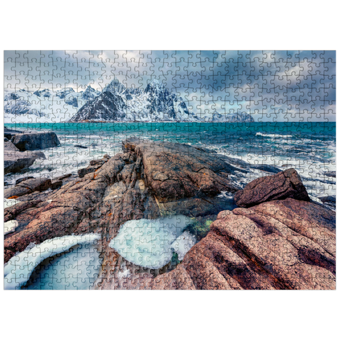 puzzleplate Gloomy spring view of Lofoten islands. snow melting on Flakstadpollen fjord. spectacular morning season of Norwegian sea. beauty of nature concept background. 500 Jigsaw Puzzle
