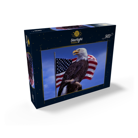 Bald Eagle (Haliaeetus leucocephalus) in front of American Flag, USA 500 Jigsaw Puzzle box view1