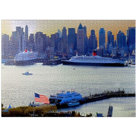 puzzleplate Transatlantic liners Queen Mary 2 and Queen Elizabeth 2 in port on the Hudson River, Manhattan, New York City, New York, USA 1000 Jigsaw Puzzle
