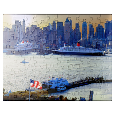 puzzleplate Transatlantic liners Queen Mary 2 and Queen Elizabeth 2 in port on the Hudson River, Manhattan, New York City, New York, USA 100 Jigsaw Puzzle