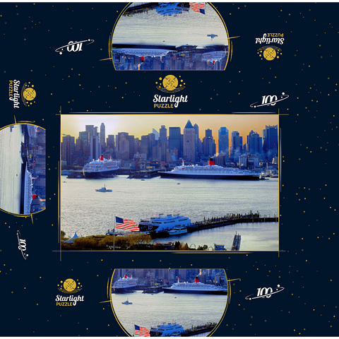 Transatlantic liners Queen Mary 2 and Queen Elizabeth 2 in port on the Hudson River, Manhattan, New York City, New York, USA 100 Jigsaw Puzzle box 3D Modell