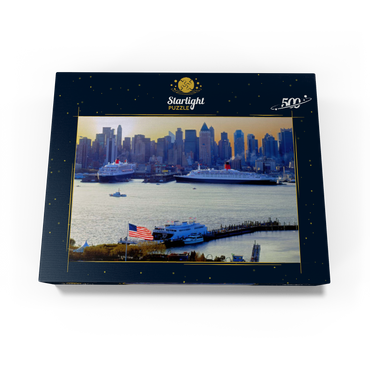Transatlantic liners Queen Mary 2 and Queen Elizabeth 2 in port on the Hudson River, Manhattan, New York City, New York, USA 500 Jigsaw Puzzle box view1