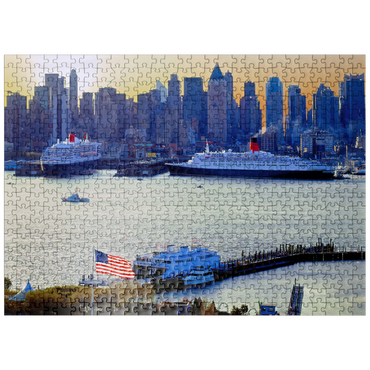 puzzleplate Transatlantic liners Queen Mary 2 and Queen Elizabeth 2 in port on the Hudson River, Manhattan, New York City, New York, USA 500 Jigsaw Puzzle