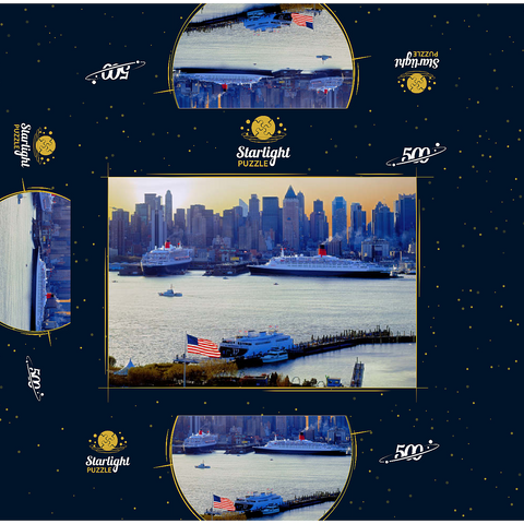 Transatlantic liners Queen Mary 2 and Queen Elizabeth 2 in port on the Hudson River, Manhattan, New York City, New York, USA 500 Jigsaw Puzzle box 3D Modell