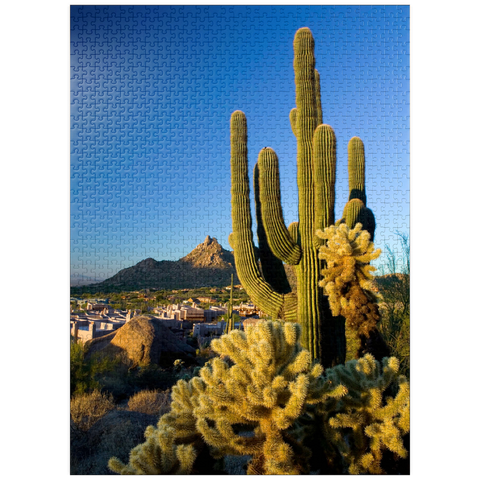 puzzleplate Four Seasons Hotel complex with Pinnacle Peak, Scottsdale, Arizona, USA 1000 Jigsaw Puzzle