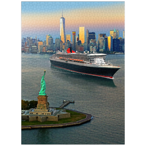 puzzleplate Harbor entrance with the Statue of Liberty the transatlantic liner Queen Mary 2 and One World Trade Center, Manhattan, New York City, New York, USA, Composing 1000 Jigsaw Puzzle