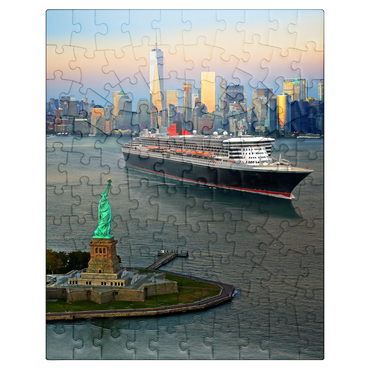 puzzleplate Harbor entrance with the Statue of Liberty the transatlantic liner Queen Mary 2 and One World Trade Center, Manhattan, New York City, New York, USA, Composing 100 Jigsaw Puzzle