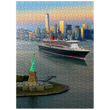 puzzleplate Harbor entrance with the Statue of Liberty the transatlantic liner Queen Mary 2 and One World Trade Center, Manhattan, New York City, New York, USA, Composing 500 Jigsaw Puzzle