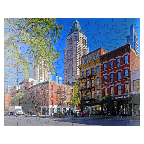 puzzleplate Ninth Avenue with typical houses with fire escapes in Midtown Manhattan, New York City, New York, USA 100 Jigsaw Puzzle