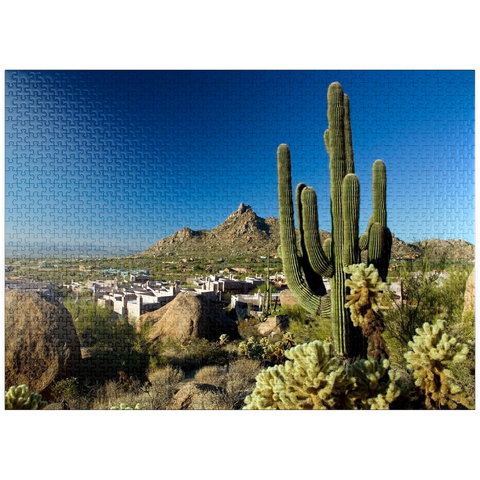 puzzleplate Four Seasons Hotel complex with Pinnacle Peak, Scottsdale, Arizona, USA 1000 Jigsaw Puzzle