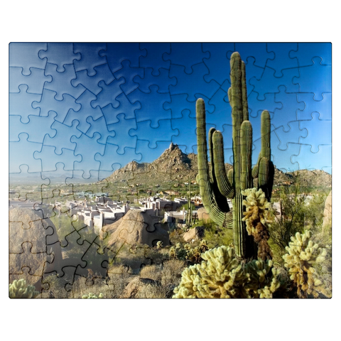 puzzleplate Four Seasons Hotel complex with Pinnacle Peak, Scottsdale, Arizona, USA 100 Jigsaw Puzzle