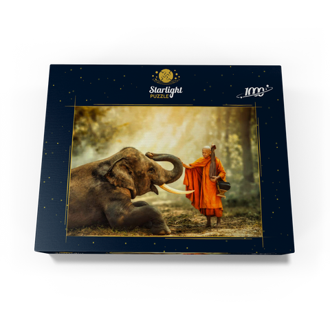 Monk hiking with the fancy elephant in the forest. 1000 Jigsaw Puzzle box view1