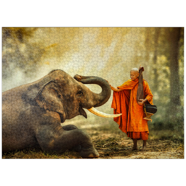 puzzleplate Monk hiking with the fancy elephant in the forest. 1000 Jigsaw Puzzle