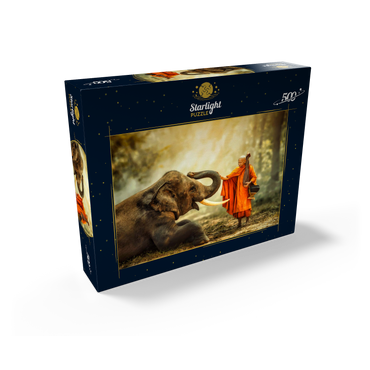 Monk hiking with the fancy elephant in the forest. 500 Jigsaw Puzzle box view1