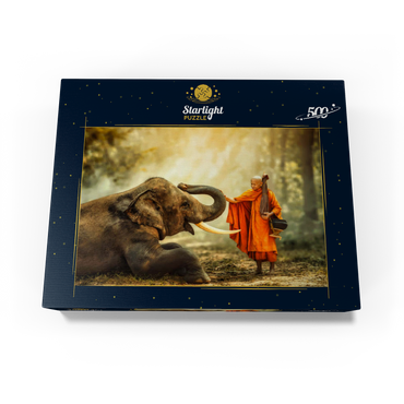 Monk hiking with the fancy elephant in the forest. 500 Jigsaw Puzzle box view1