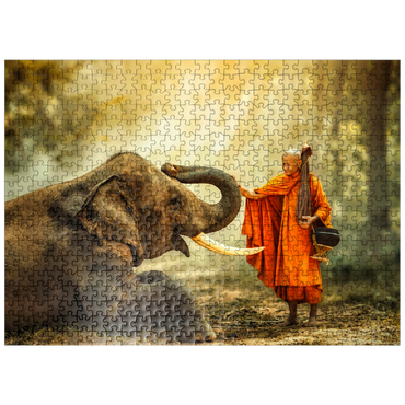 puzzleplate Monk hiking with the fancy elephant in the forest. 500 Jigsaw Puzzle