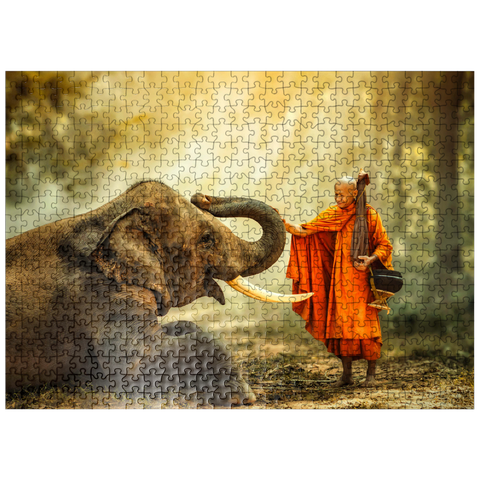 puzzleplate Monk hiking with the fancy elephant in the forest. 500 Jigsaw Puzzle
