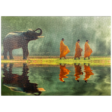 puzzleplate Young elephants with monk sallies round 1000 Jigsaw Puzzle