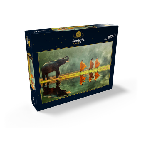 Young elephants with monk sallies round 100 Jigsaw Puzzle box view1