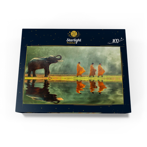 Young elephants with monk sallies round 100 Jigsaw Puzzle box view1