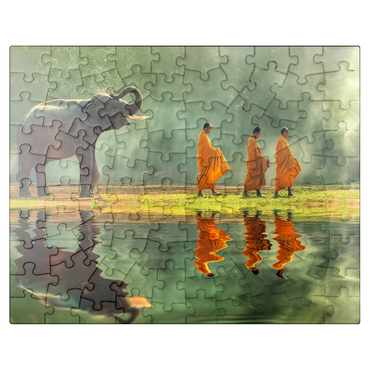 puzzleplate Young elephants with monk sallies round 100 Jigsaw Puzzle