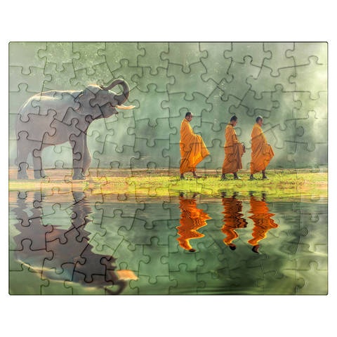 puzzleplate Young elephants with monk sallies round 100 Jigsaw Puzzle