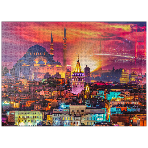puzzleplate Istanbul skyline, Galata Tower, Süleymaniye Mosque (Ottoman Emperor's Mosque) and Bosphorus Bridge "15th of July Martyrs Bridge" (15 Temmuz Sehitler Koprusu), Istanbul / Turkey. 1000 Jigsaw Puzzle