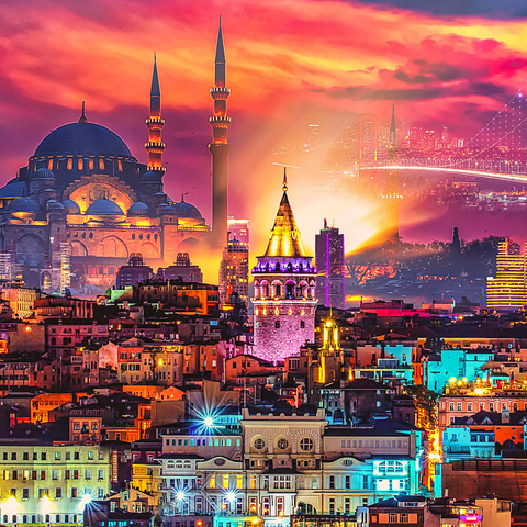 Istanbul skyline, Galata Tower, Süleymaniye Mosque (Ottoman Emperor's Mosque) and Bosphorus Bridge "15th of July Martyrs Bridge" (15 Temmuz Sehitler Koprusu), Istanbul / Turkey. 1000 Jigsaw Puzzle 3D Modell