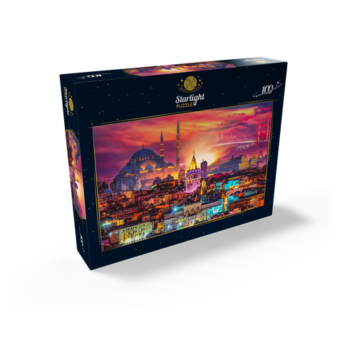 Istanbul skyline, Galata Tower, Süleymaniye Mosque (Ottoman Emperor's Mosque) and Bosphorus Bridge "15th of July Martyrs Bridge" (15 Temmuz Sehitler Koprusu), Istanbul / Turkey. 100 Jigsaw Puzzle box view1