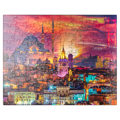puzzleplate Istanbul skyline, Galata Tower, Süleymaniye Mosque (Ottoman Emperor's Mosque) and Bosphorus Bridge "15th of July Martyrs Bridge" (15 Temmuz Sehitler Koprusu), Istanbul / Turkey. 100 Jigsaw Puzzle