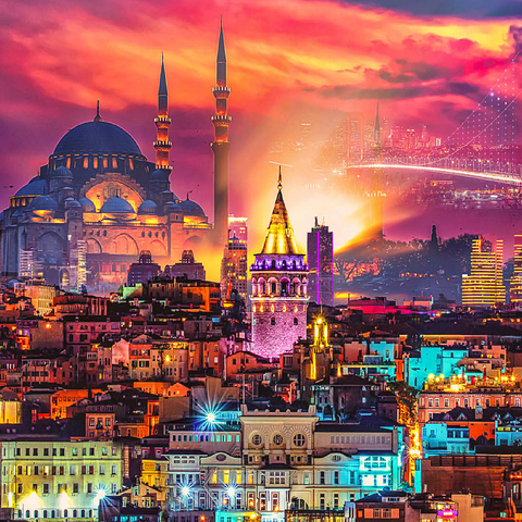 Istanbul skyline, Galata Tower, Süleymaniye Mosque (Ottoman Emperor's Mosque) and Bosphorus Bridge "15th of July Martyrs Bridge" (15 Temmuz Sehitler Koprusu), Istanbul / Turkey. 100 Jigsaw Puzzle 3D Modell