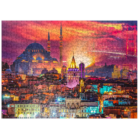 puzzleplate Istanbul skyline, Galata Tower, Süleymaniye Mosque (Ottoman Emperor's Mosque) and Bosphorus Bridge "15th of July Martyrs Bridge" (15 Temmuz Sehitler Koprusu), Istanbul / Turkey. 500 Jigsaw Puzzle