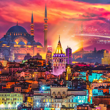 Istanbul skyline, Galata Tower, Süleymaniye Mosque (Ottoman Emperor's Mosque) and Bosphorus Bridge 