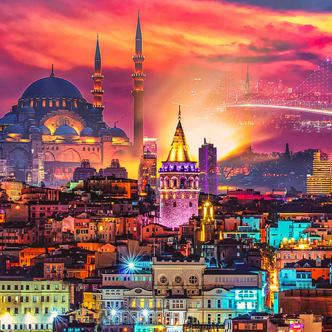Istanbul skyline, Galata Tower, Süleymaniye Mosque (Ottoman Emperor's Mosque) and Bosphorus Bridge "15th of July Martyrs Bridge" (15 Temmuz Sehitler Koprusu), Istanbul / Turkey. 500 Jigsaw Puzzle 3D Modell