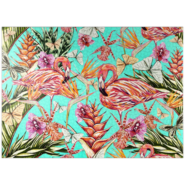 puzzleplate Beautiful vintage seamless floral jungle pattern background. Colorful tropical flowers, palm leaves and plants, butterflies, birds of paradise with pink flamingos, exotic prints. 1000 Jigsaw Puzzle