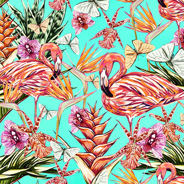 Beautiful vintage seamless floral jungle pattern background. Colorful tropical flowers, palm leaves and plants, butterflies, birds of paradise with pink flamingos, exotic prints. 1000 Jigsaw Puzzle 3D Modell