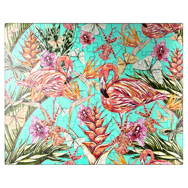 puzzleplate Beautiful vintage seamless floral jungle pattern background. Colorful tropical flowers, palm leaves and plants, butterflies, birds of paradise with pink flamingos, exotic prints. 100 Jigsaw Puzzle