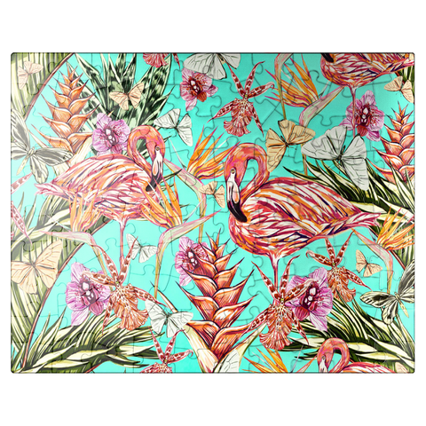 puzzleplate Beautiful vintage seamless floral jungle pattern background. Colorful tropical flowers, palm leaves and plants, butterflies, birds of paradise with pink flamingos, exotic prints. 100 Jigsaw Puzzle