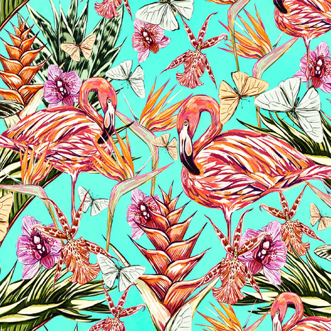 Beautiful vintage seamless floral jungle pattern background. Colorful tropical flowers, palm leaves and plants, butterflies, birds of paradise with pink flamingos, exotic prints. 100 Jigsaw Puzzle 3D Modell