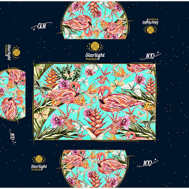 Beautiful vintage seamless floral jungle pattern background. Colorful tropical flowers, palm leaves and plants, butterflies, birds of paradise with pink flamingos, exotic prints. 100 Jigsaw Puzzle box 3D Modell
