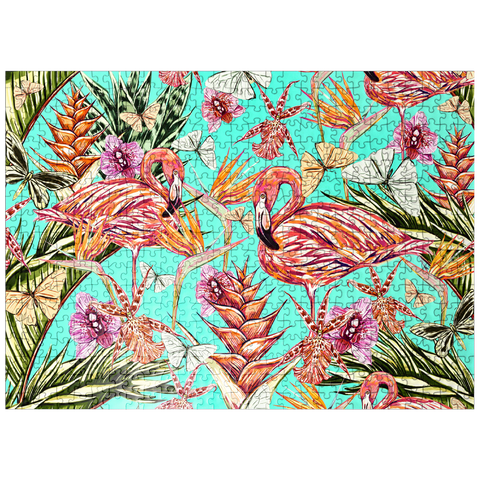 puzzleplate Beautiful vintage seamless floral jungle pattern background. Colorful tropical flowers, palm leaves and plants, butterflies, birds of paradise with pink flamingos, exotic prints. 500 Jigsaw Puzzle